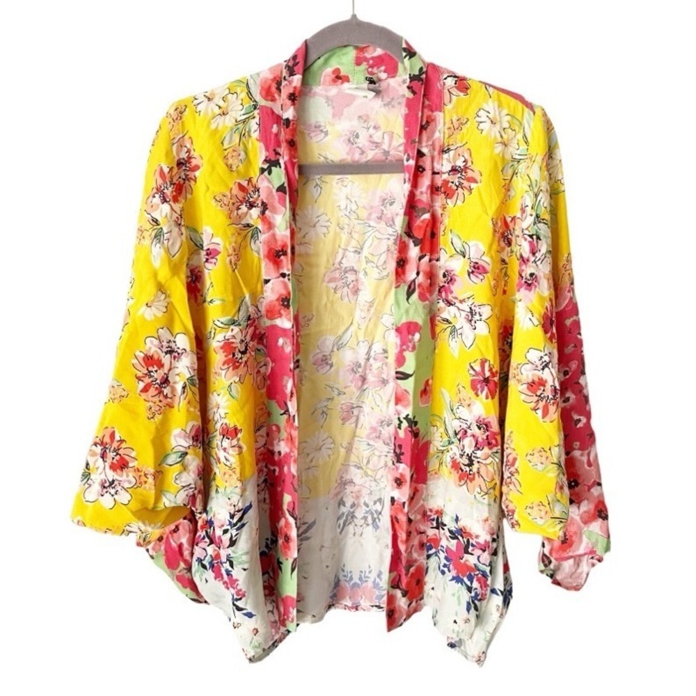 Anthropologie Akemi & Kin Yellow Pink Floral Kimono One Size Resortwear Tropical